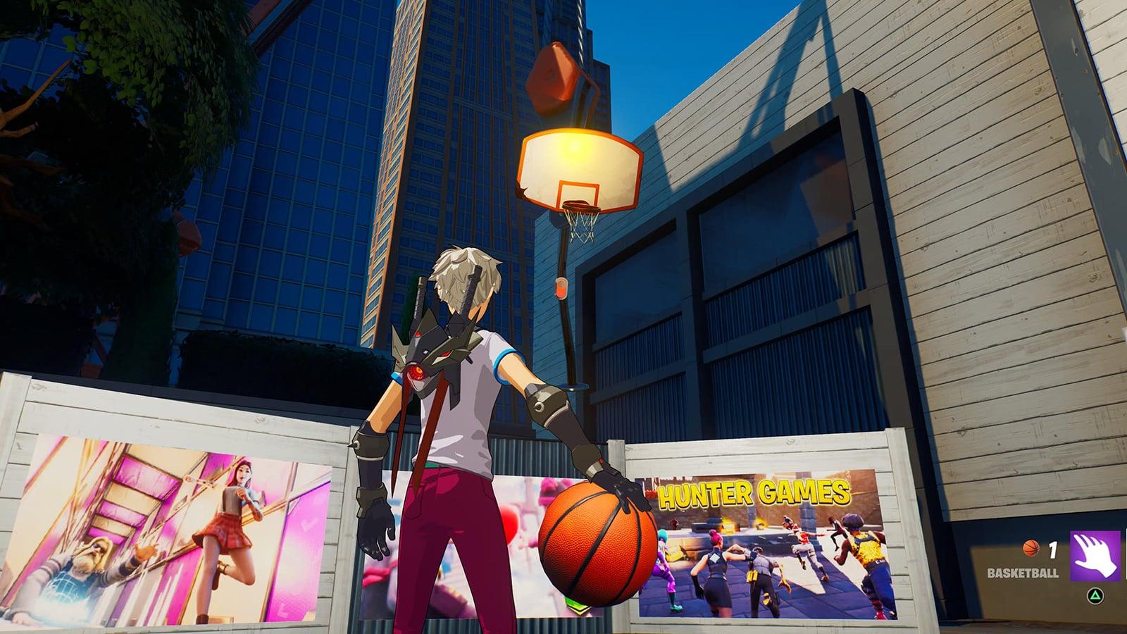 A player completing the Fortnite NBA 75 All-Star Quests by sinking basketballs