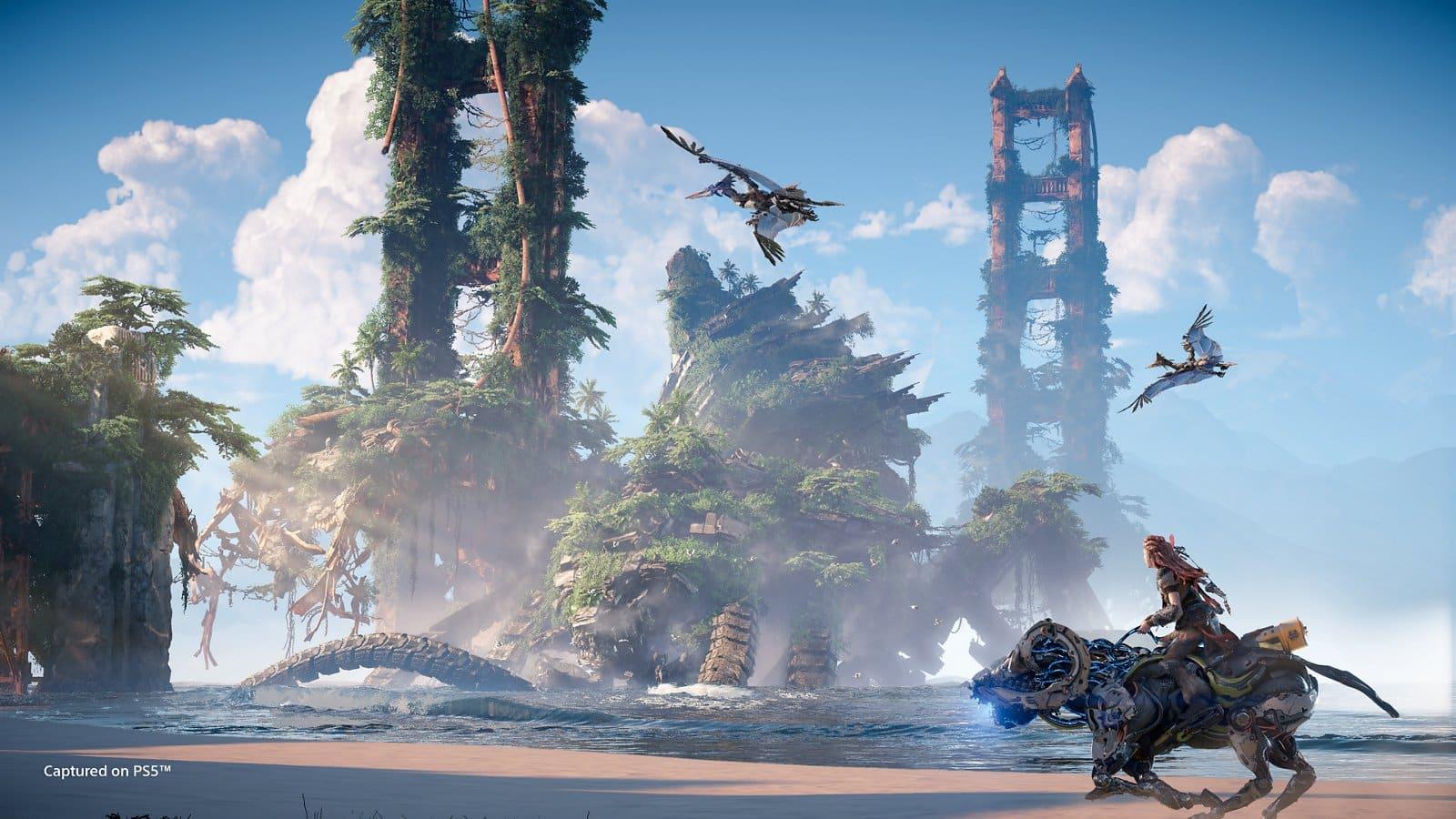 horizon forbidden west aloy looks at old bridge with pterodactyls flying around it