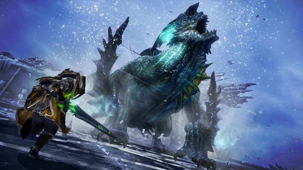 lost ark characters fighting a boss in icy area