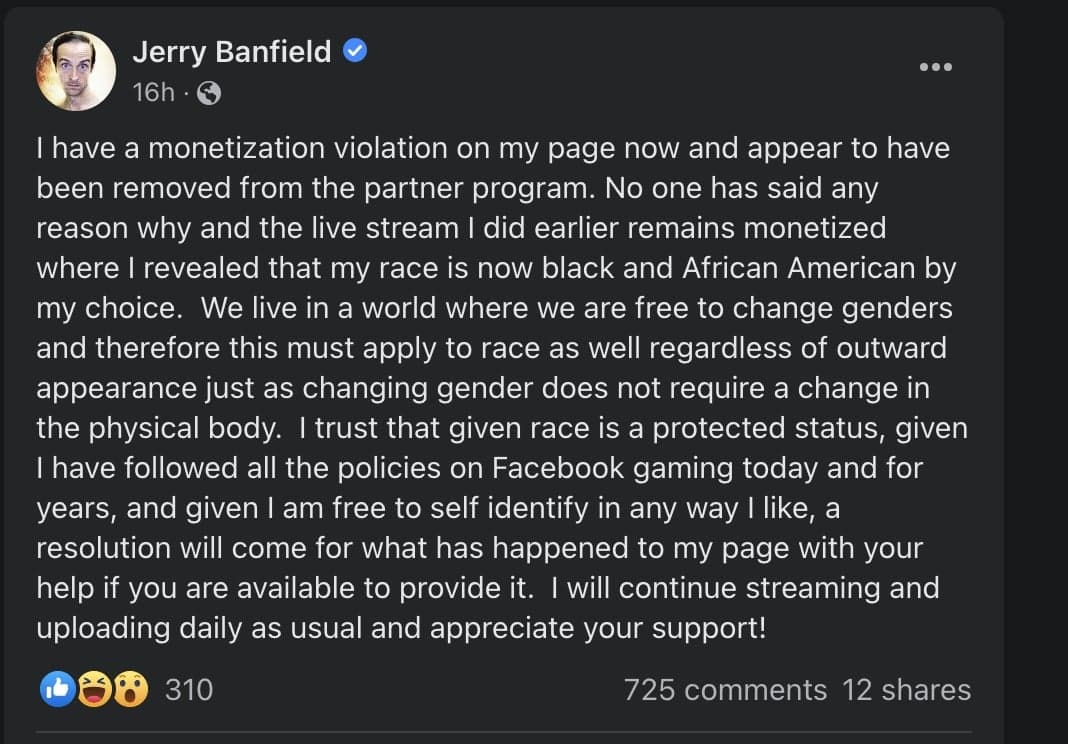 Jerry banfield demonetized on Facebook