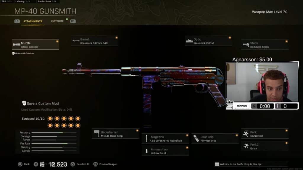 Swagg Warzone MP40 loadout screen