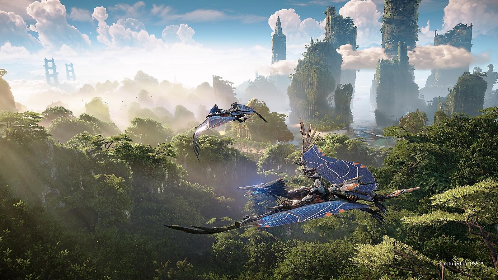 horizon forbidden west pterodactyls fly over ruined city that has overgrown