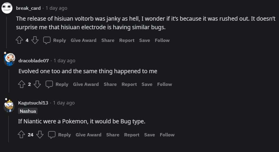 Pokemon Go players react to Hisiuan Electrode evolution glitch screenshot.