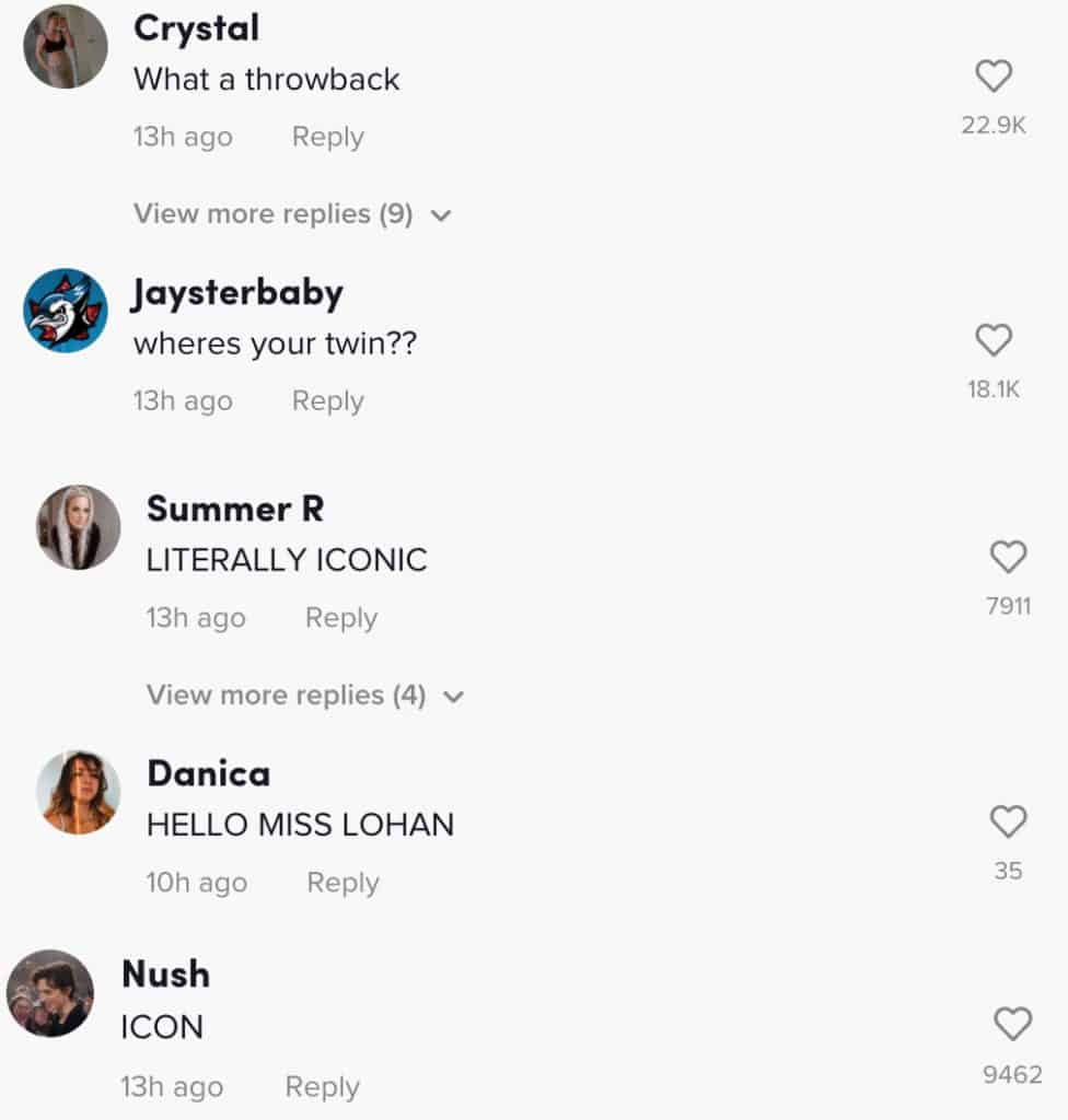 Comments on a TikTok by Lindsay Lohan