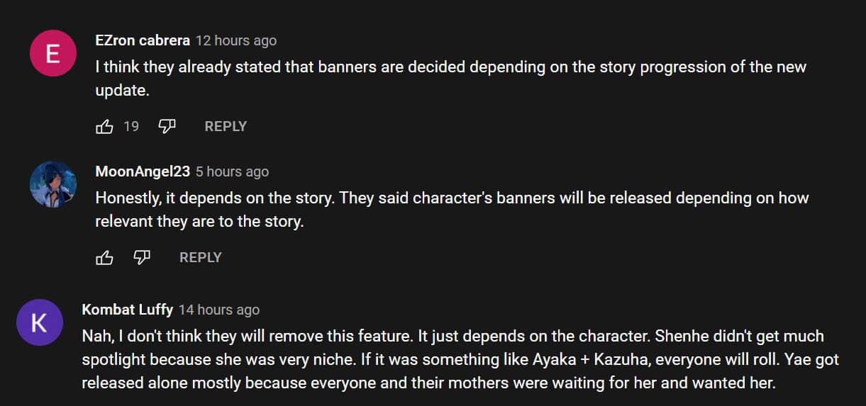Genshin Impact players comment about double banners on YouTube screenshot.