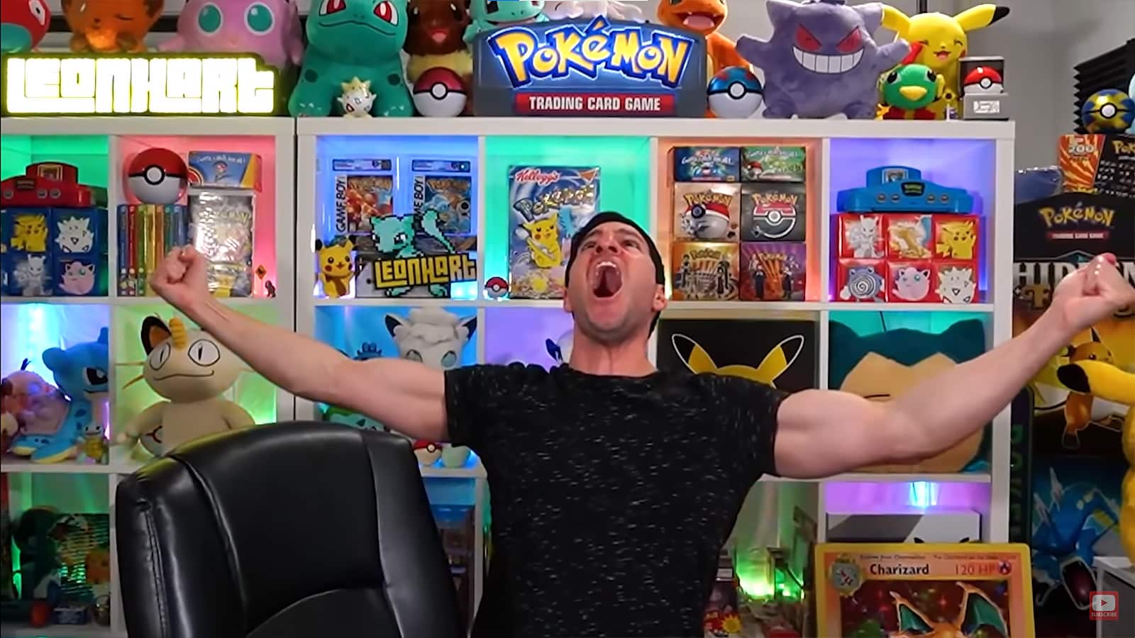Pokemon YouTuber Leonhart celebrates pulling rare Charizard card screenshot.