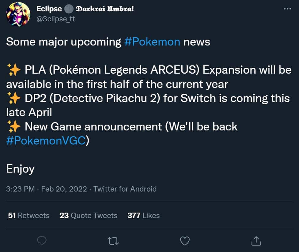 Pokemon insider Eclipse tweets about major upcoming Pokemon news on Twitter screenshot.