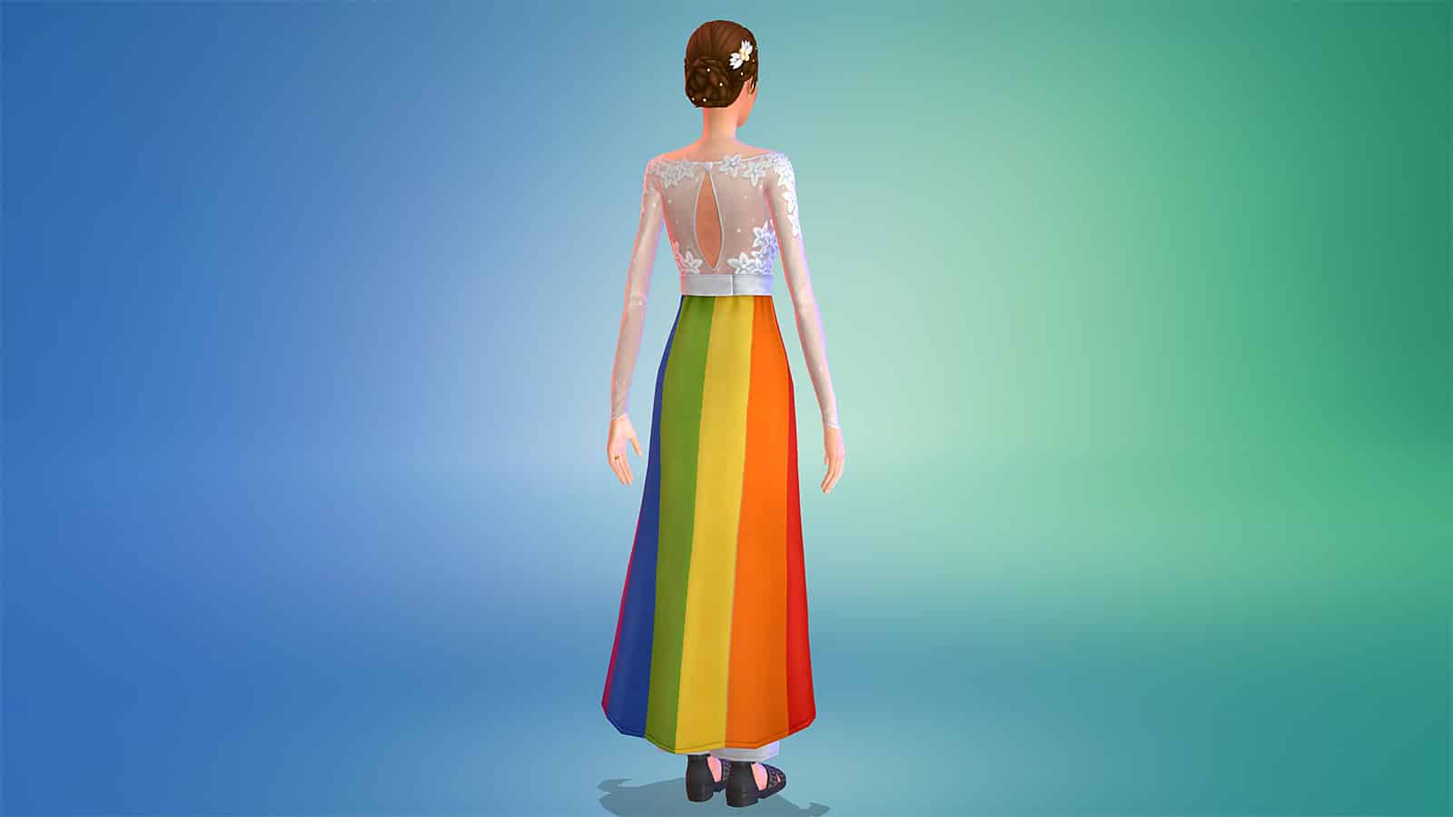 An image of a wedding dress inThe Sims 4 with a pride flag