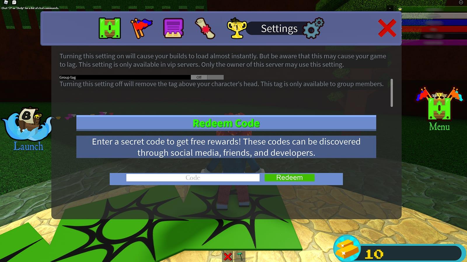 in-game screenshot of page where you can redeem codes in Build a Boat for Treasure