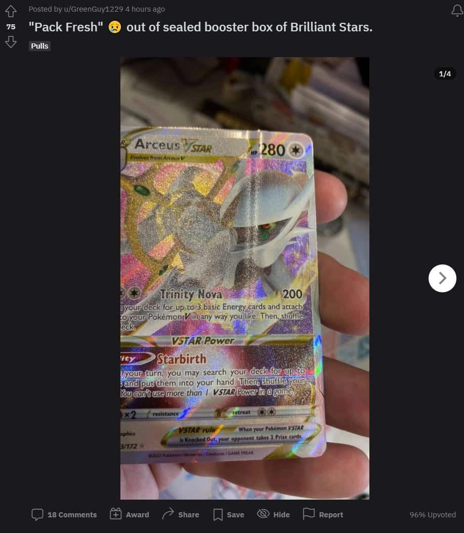 Reddit post showing Pokemon Brilliant Stars Arceus VSTAR Pokemon Card damaged screenshot.
