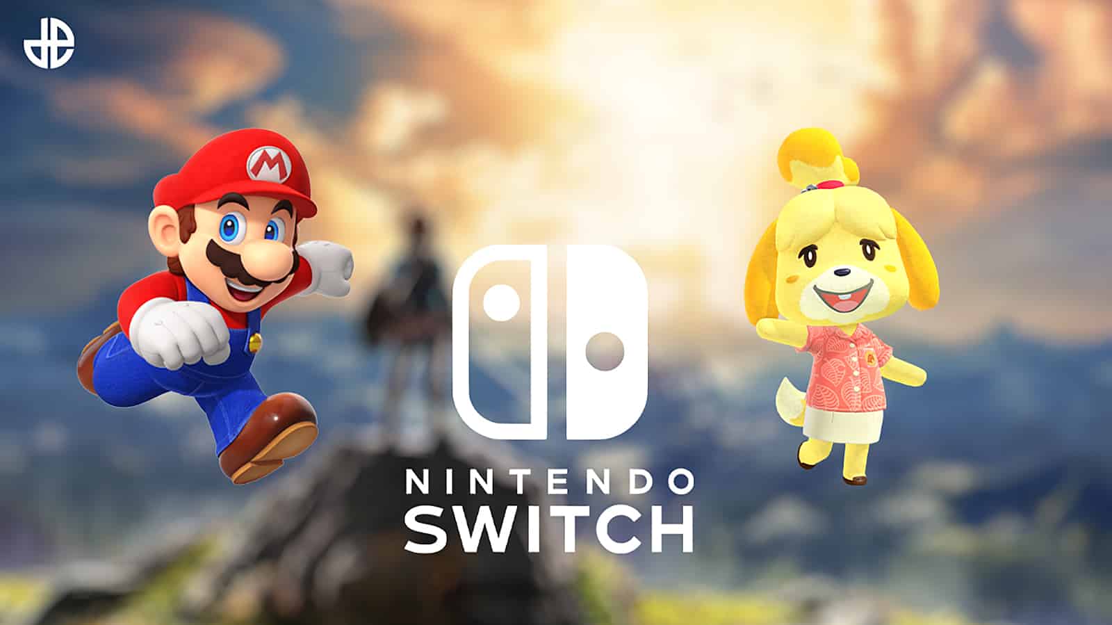 An image of the Nintendo Switch logo with a blurred background of link and other Nintendo game characters