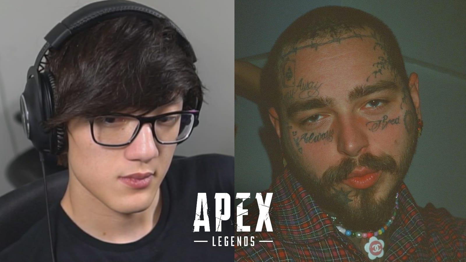 iitztimmy and post malone with apex legends logo in middle