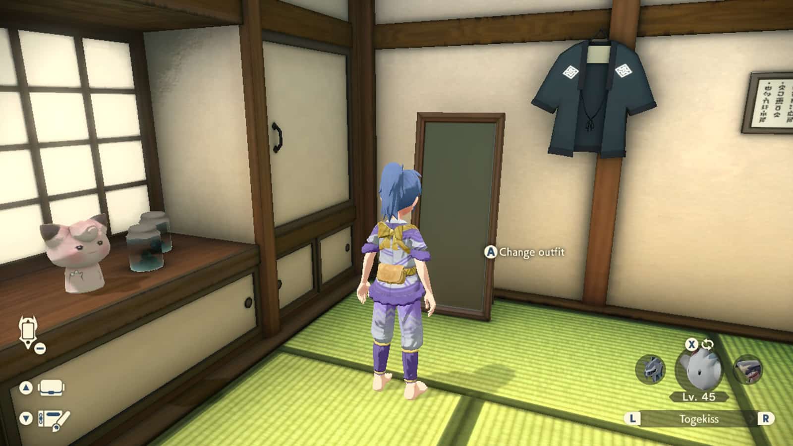 A player changing to the Unusual Shoes in the wardrobe in Pokemon Legends Arceus