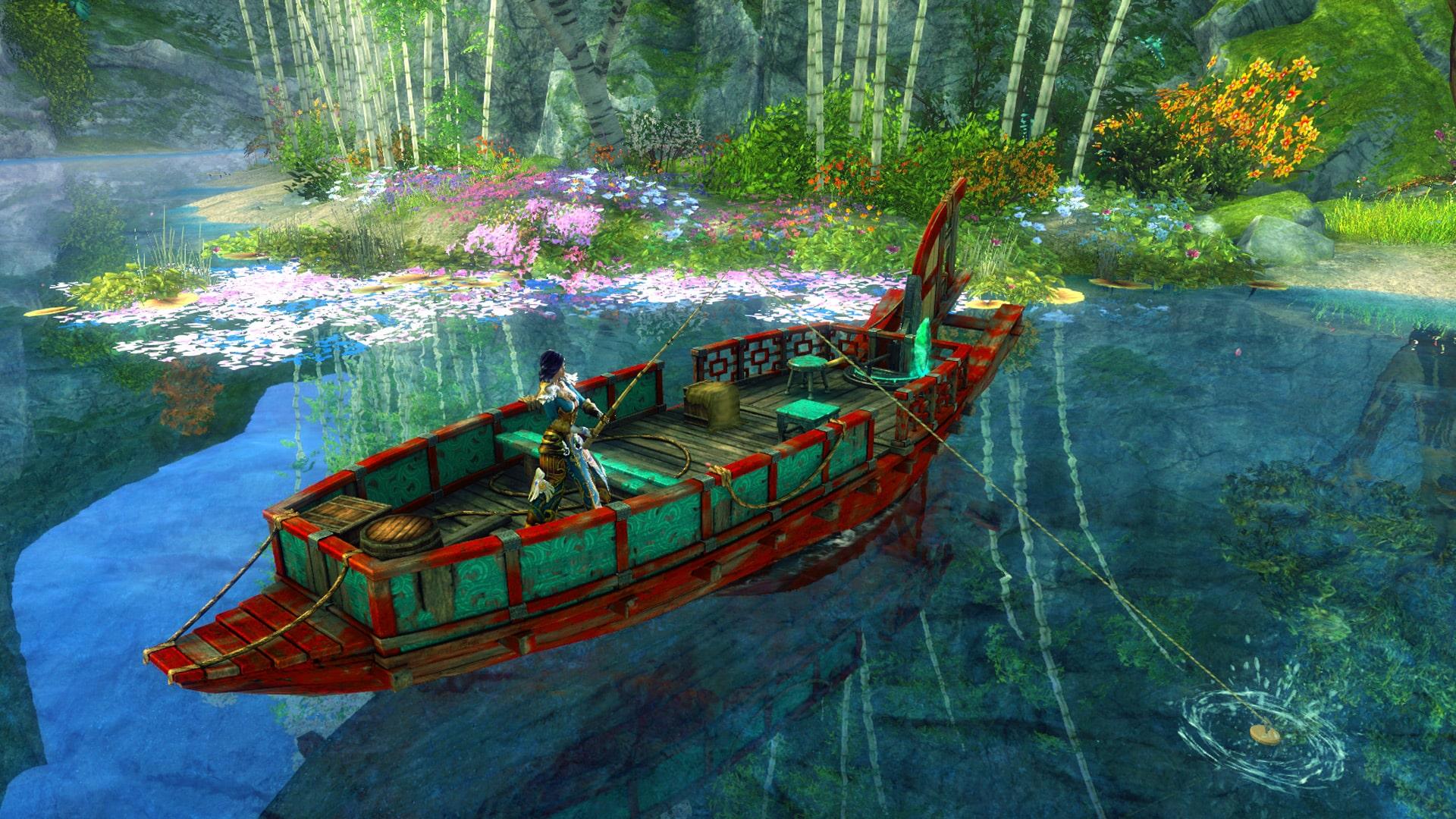 guild wars 2 end of dragons player fishing on a skiff