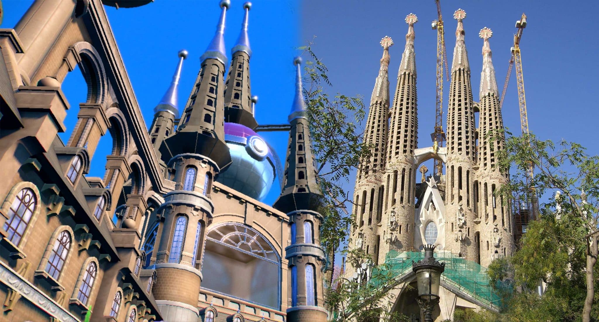 Pokemon Scarlet & Violet city next to Spain's La Sagrada Familia Church screenshot.