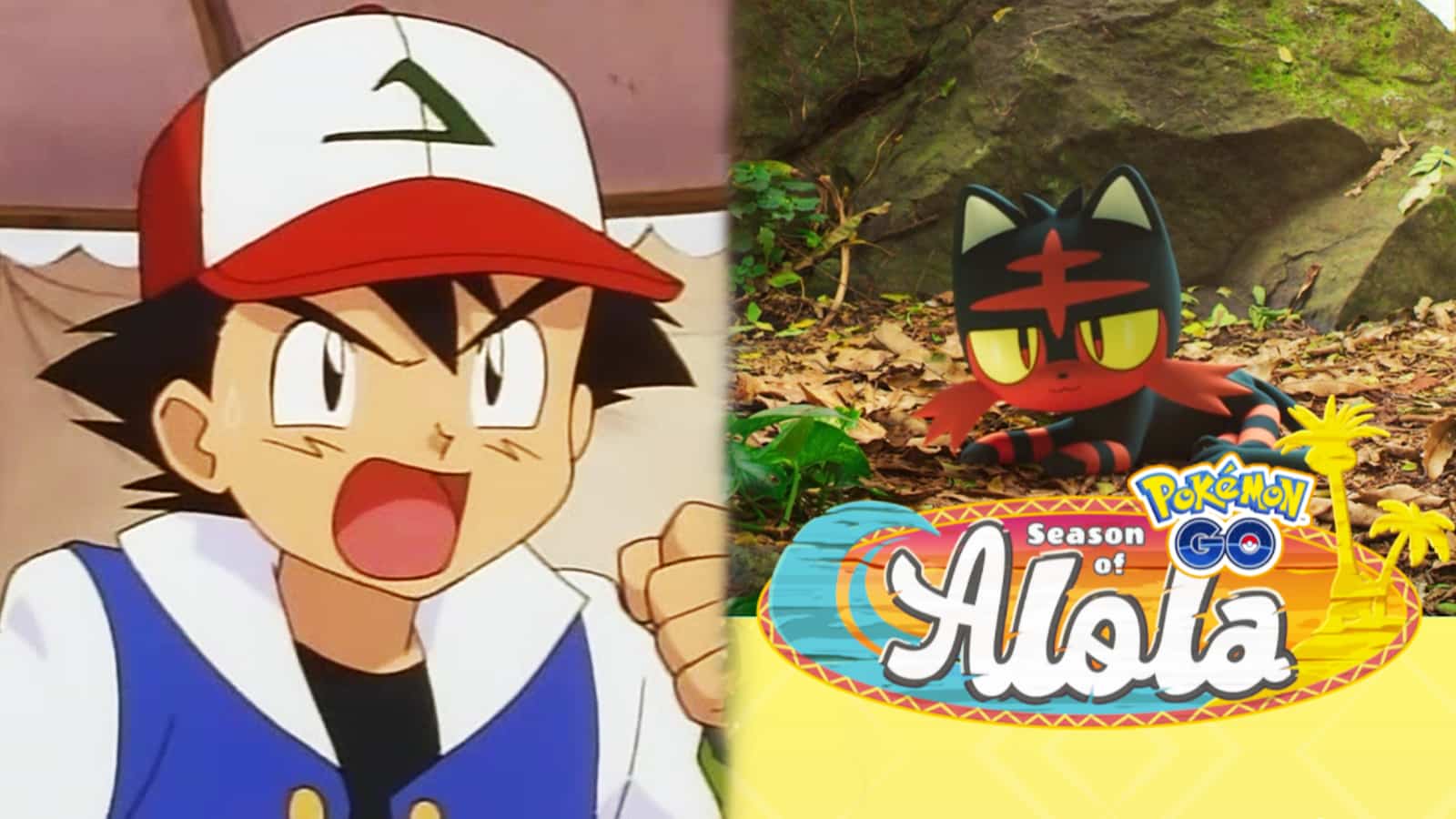 Ash Ketchum from Pokemon anime next to Pokemon Go Season of Alola promotional art screenshot.