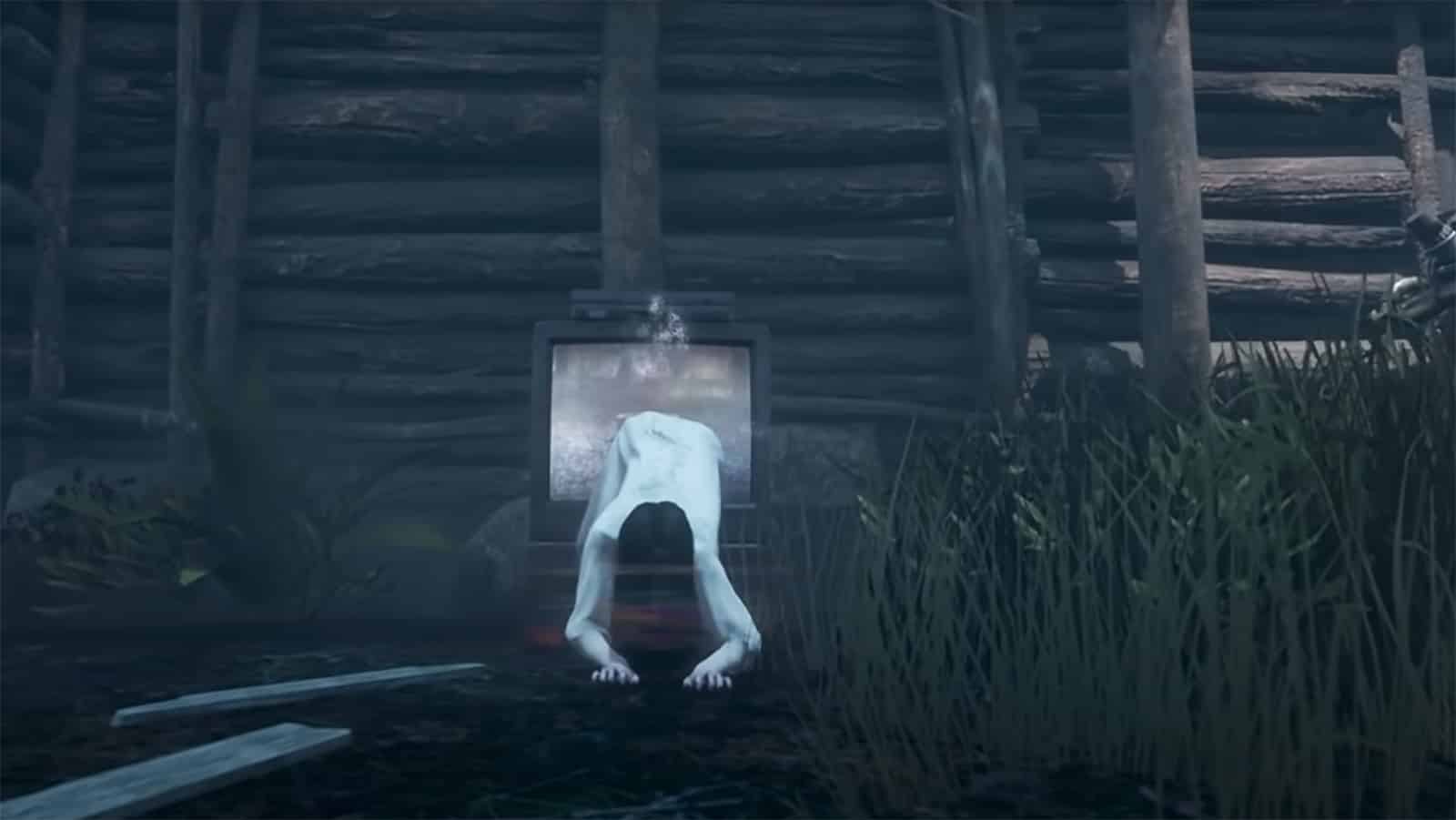 Sadako crawling out of a TV in Dead by Daylight