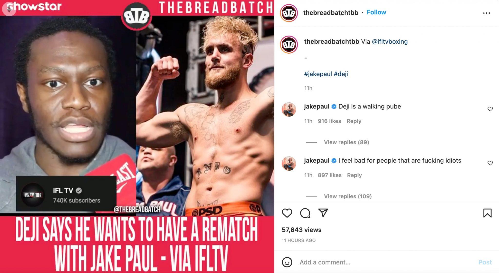 Jake Paul comments on Deji video on TheBreadBatch Instagram