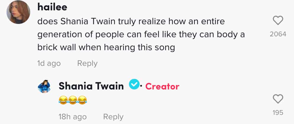 Shania Twain responds to a TikTok comment