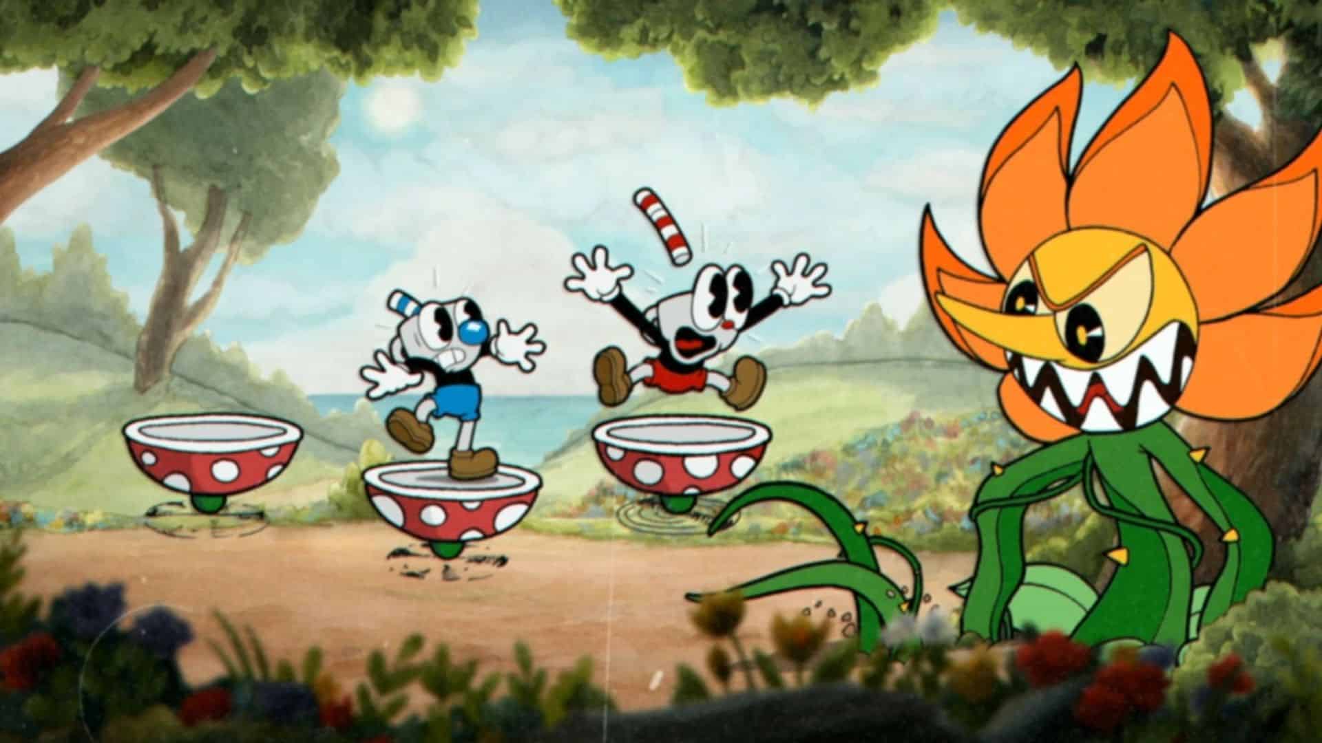 An image of cuphead and mugman fighting cagney carnation from Cuphead, one of the hardest games of all time.