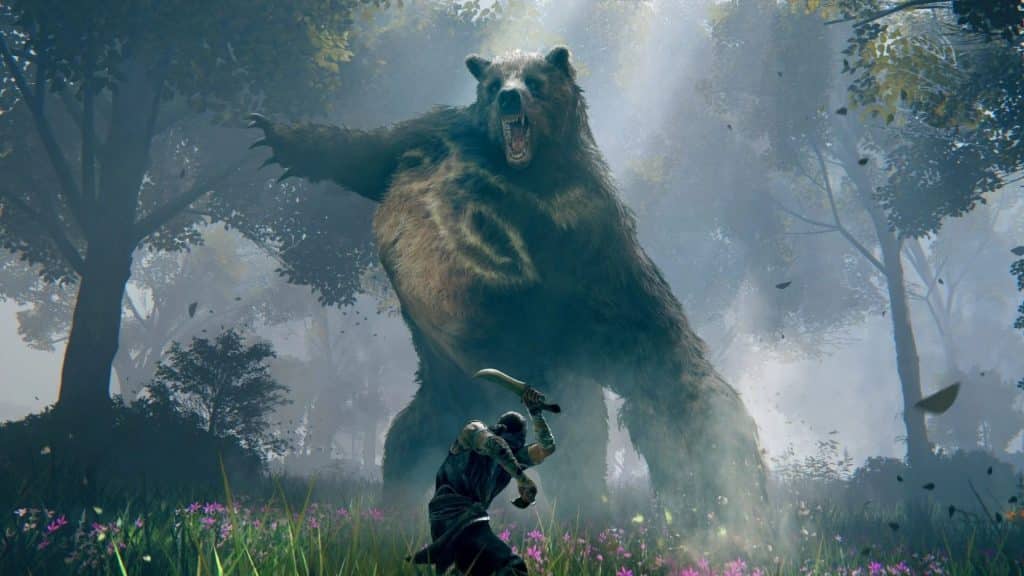 player fighting giant bear enemy in elden ring
