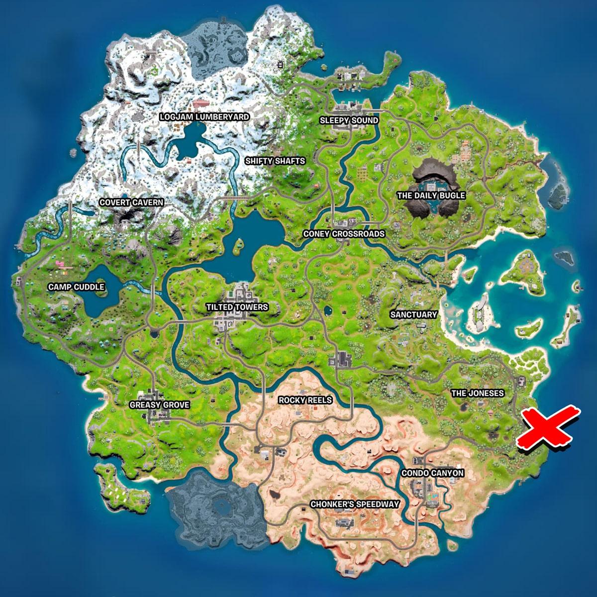 Tow Away Beach marked on the Fortnite Map