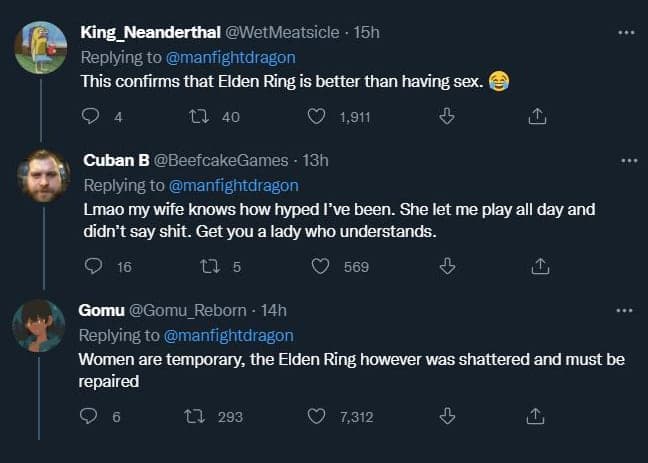Twitter users react to viral Elden Ring relationship advice thread screenshot.