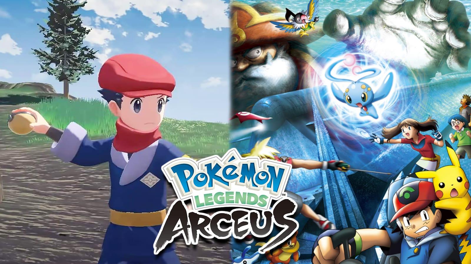 Pokemon Legends Arceus protagonist next to Pokemon Manaphy movie screenshot.
