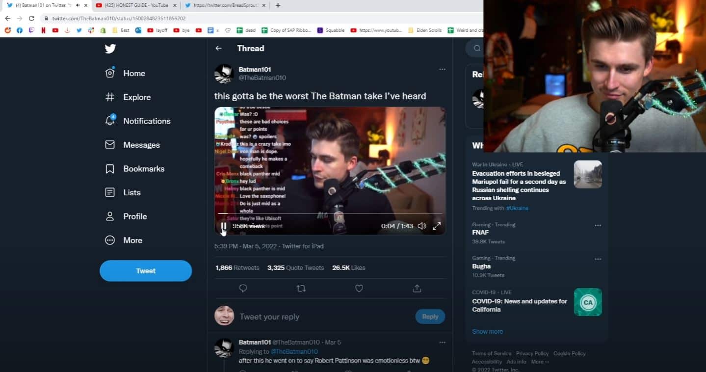 YouTuber Ludwig Ahgren reacting to his viral The Batman tweet during YouTube video screenshot.
