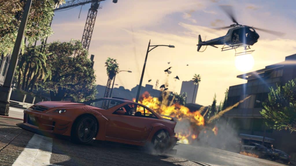 GTA 5 cars driving away from explosion