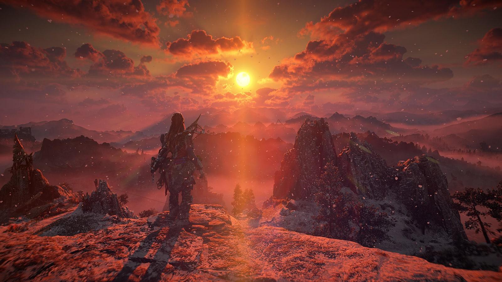 An impressive screenshot of a sunset in Horizon Forbidden West for our review