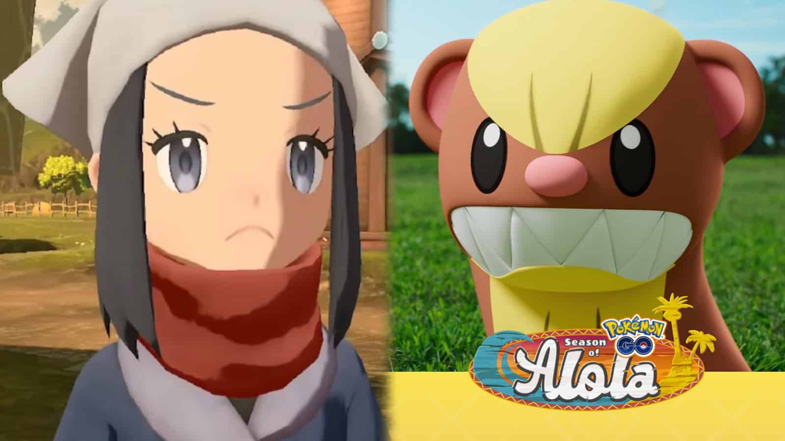 Pokemon Legends Arceus protagonist next to Pokemon Go Seasons of Alola screenshot.
