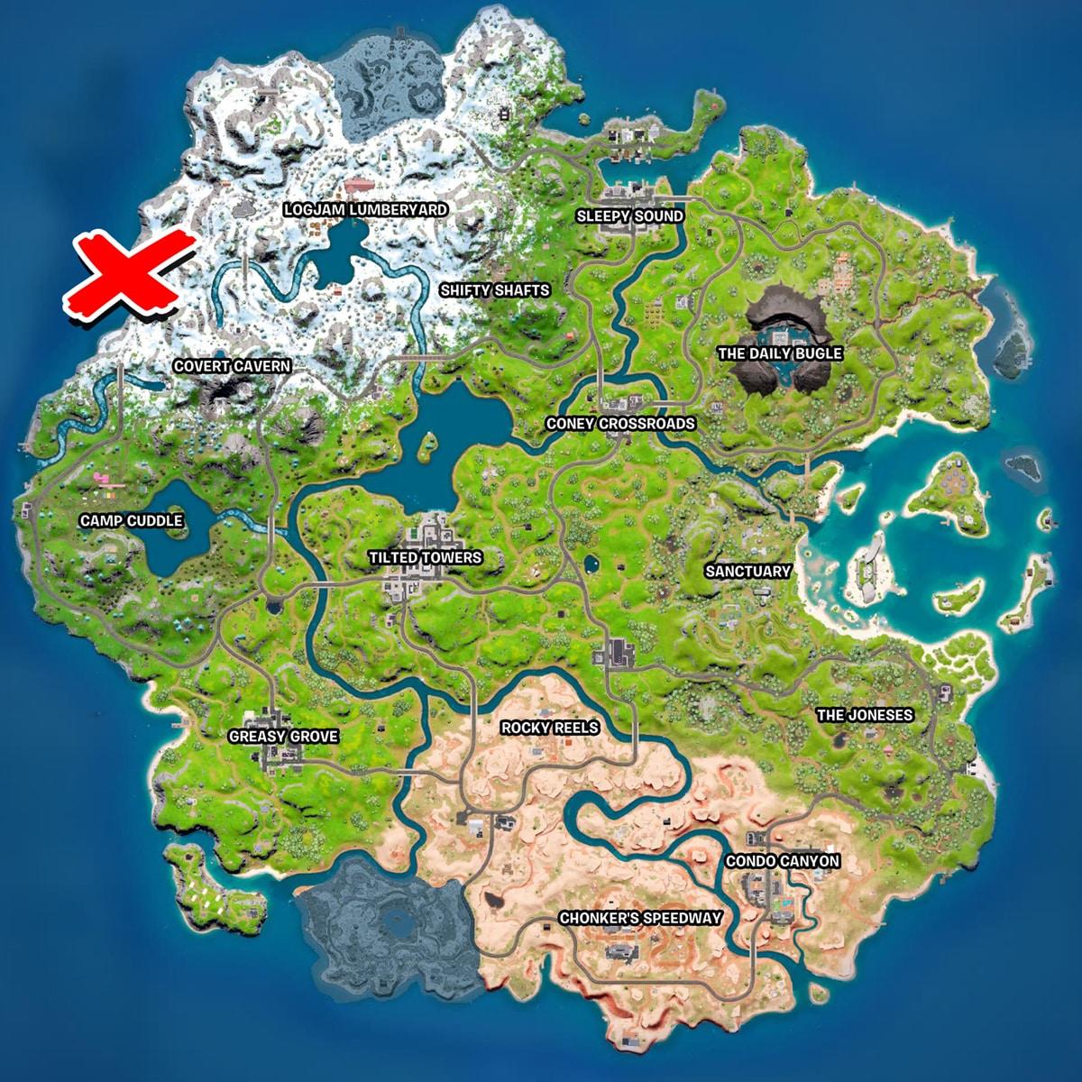 A fortnite map with fishers paradise marked on it