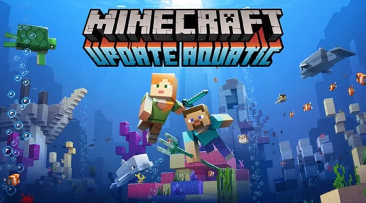 cover art for the aquatic update that introduced the Impaling enchantment in minecraft.