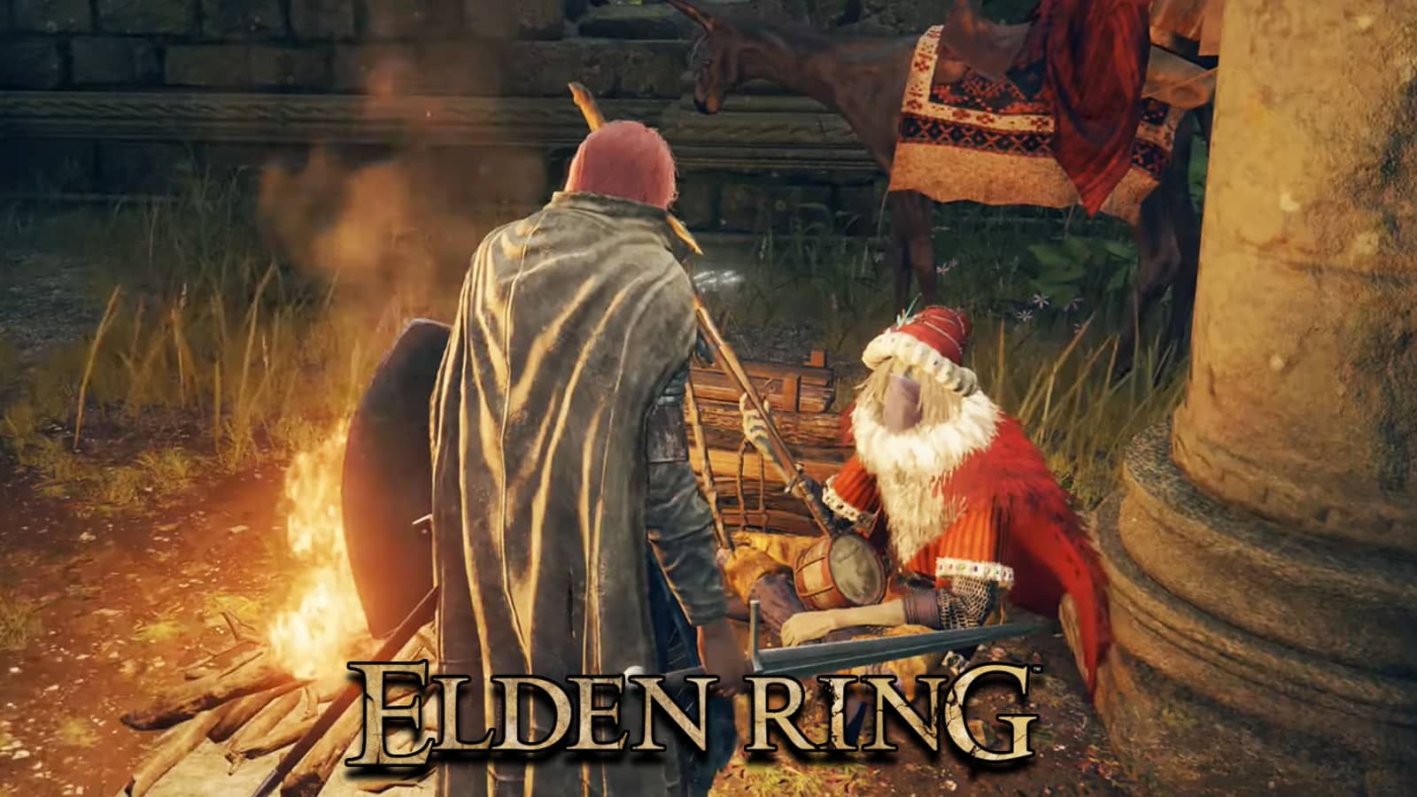 Elden Ring character holding Sword in front of Merchant Kale screenshot.