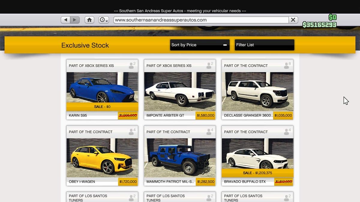 GTA Online Southern San Andreas Super Autos car listings