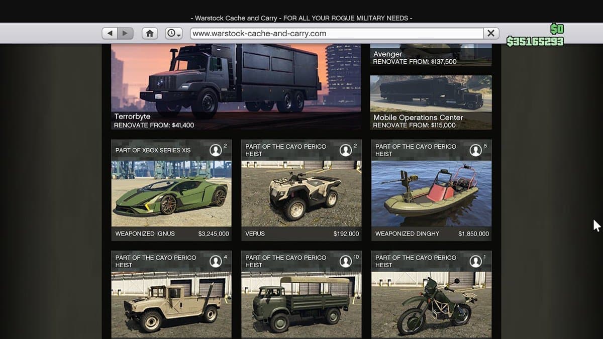 GTA Online Warstock Cache and Carry car listing after next gen update