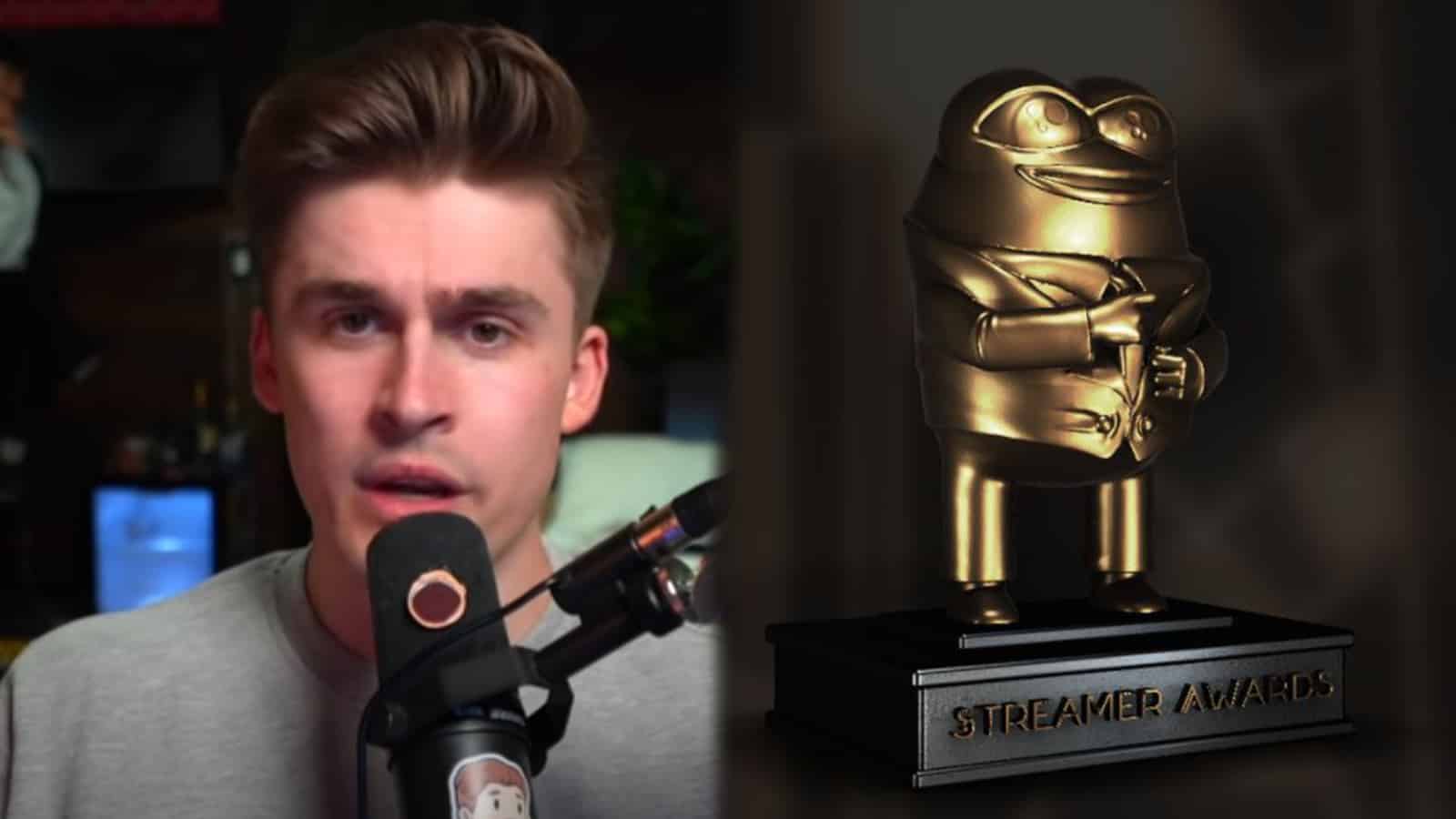 YouTuber Ludwig next to the Streamer Awards trophy screenshot.