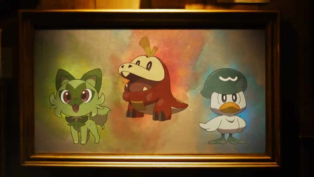 Pokemon Scarlet & Violet Starters painting reveal trailer screenshot.