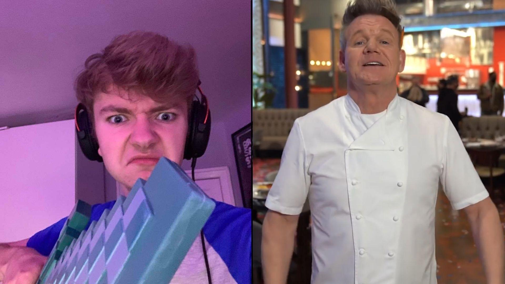 TommyInnit holding Minecraft sword at camera alongside Gordon Ramsay in chef outfit