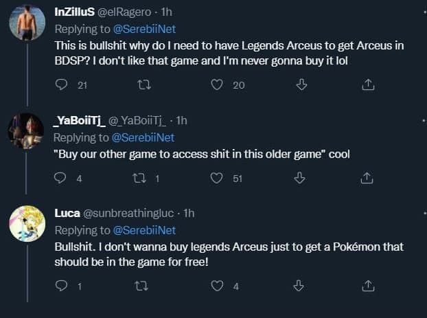 Angry Pokemon fans criticize Arceus event on Twitter screenshot. 