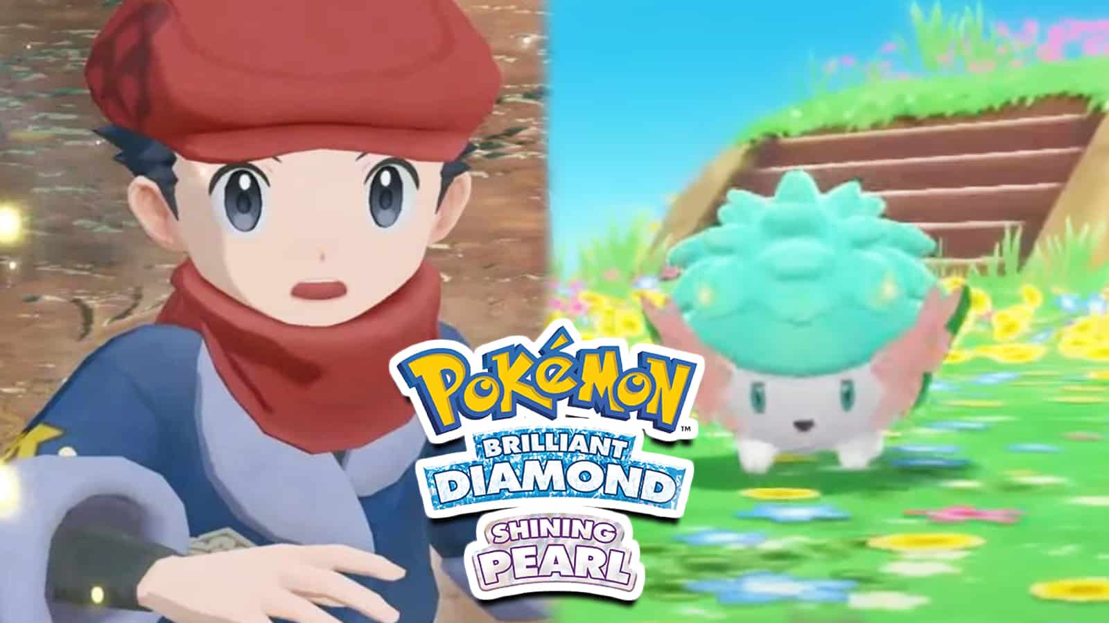 Pokemon Brilliant Diamond & Shining Pearl protagonist next to Shiny Mythical Shaymin screenshot.