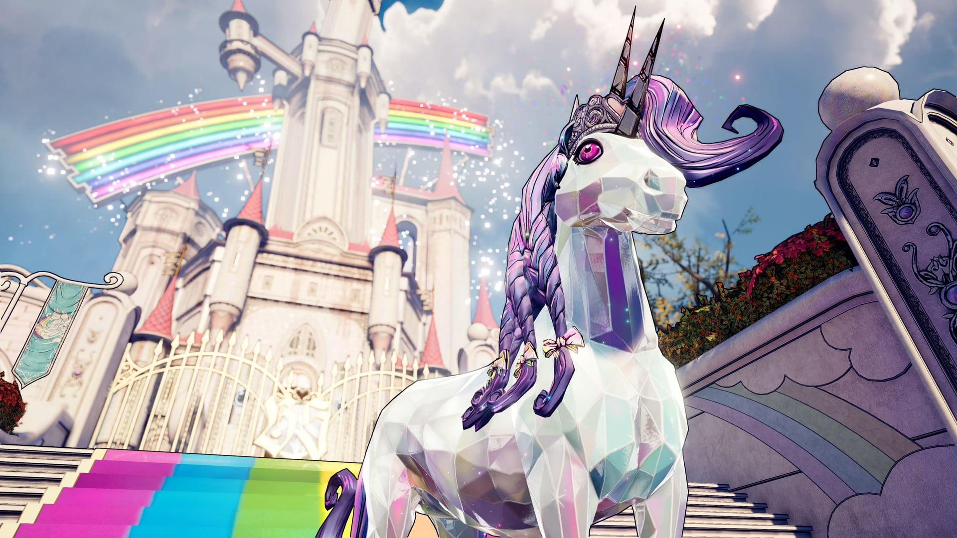 tiny tina's wonderlands unicorn stands in front of rainbow disney style palace