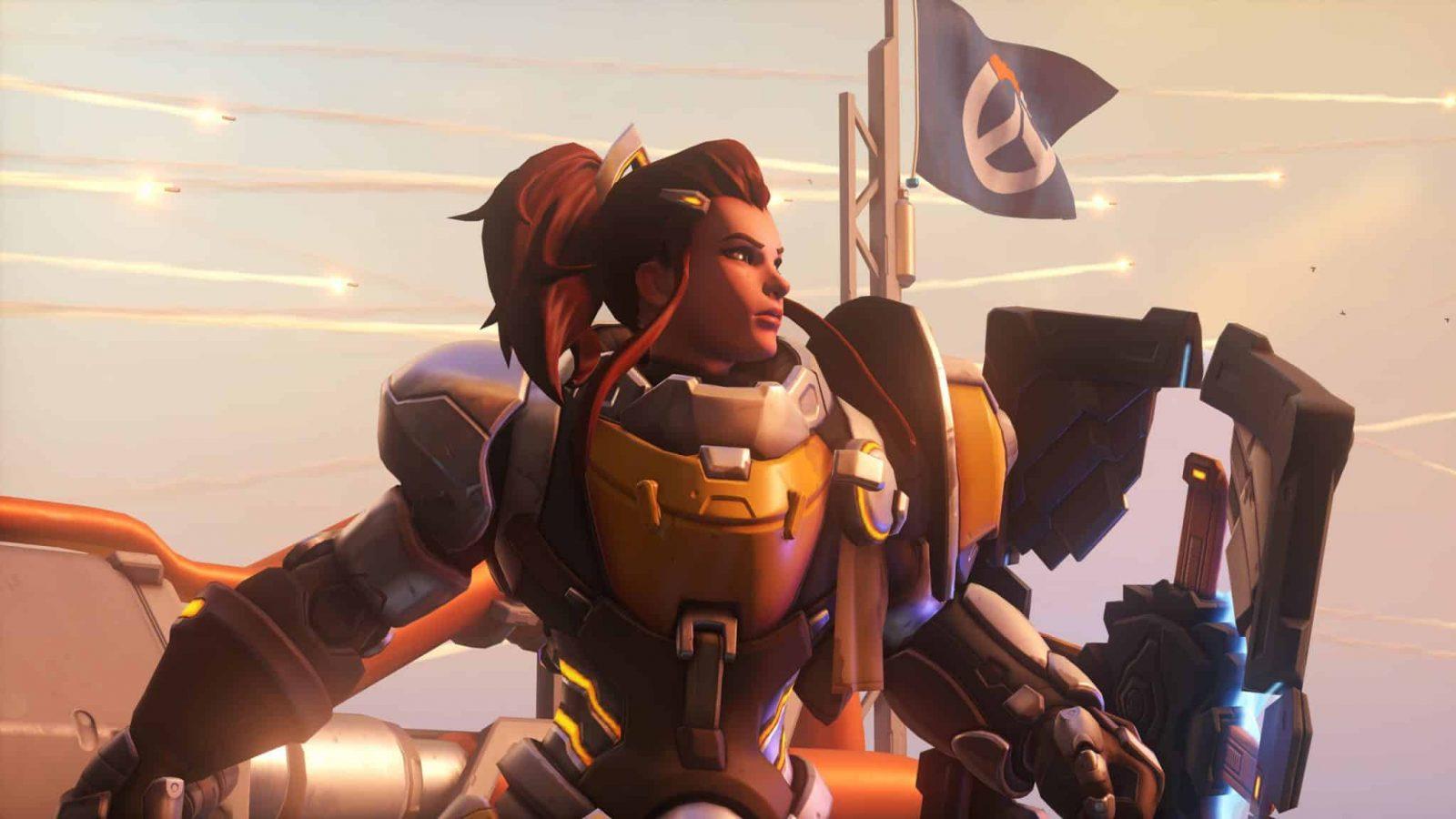 overwatch brigitte looks out into the sunset of Gibraltar with a flag behind her