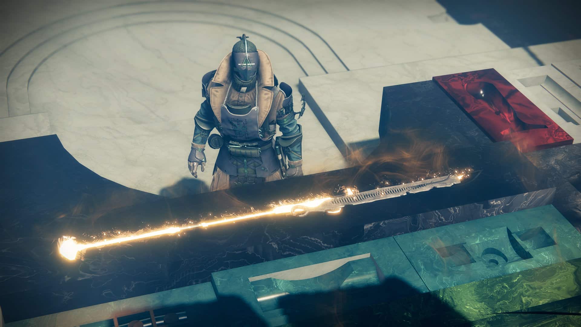 Destiny 2 cinematic screenshot showing a Guardian crafting a weapon