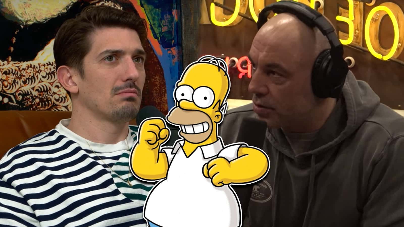 Comedian Andrew Schulz next Homer Simpsons and Spotify Podcaster Joe Rogan screenshot.