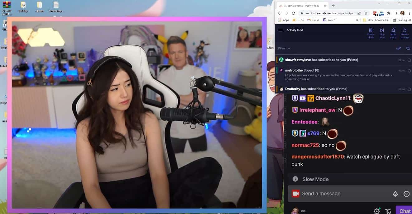 Twitch streamer Pokimane reacts to feet request from viewer screenshot.