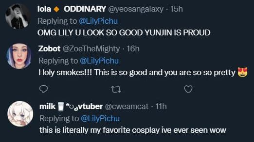 Genshin Impact fans react to LilyPichu Yun Jin cosplay on Twitter screenshot.