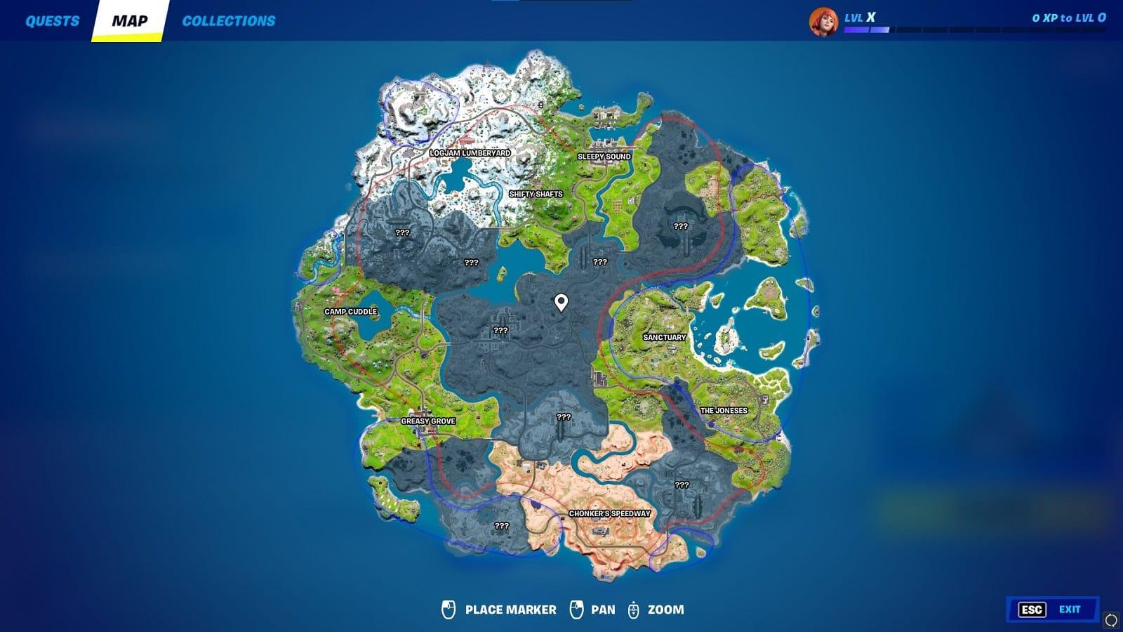 the map of Fortnite season 2 marked with red and blue lines