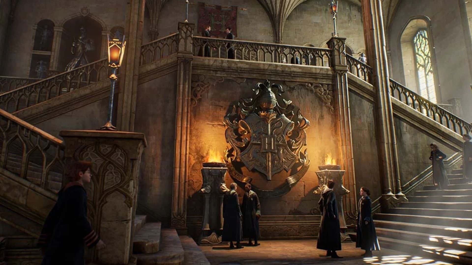 hogwarts students congregating by a flight of stairs
